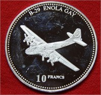 2001 Congo Silver 10 Francs B-29 Enola Gay