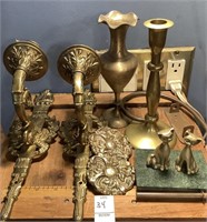 Brass Lot - sconce candlesticks, cats on marble,