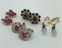 Lot of 4 Vintage Pink Purple RHINESTONE Earrings