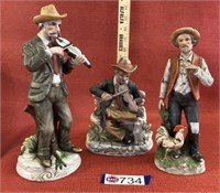 3 ceramic figures,  2 fiddle players, 1 farmer