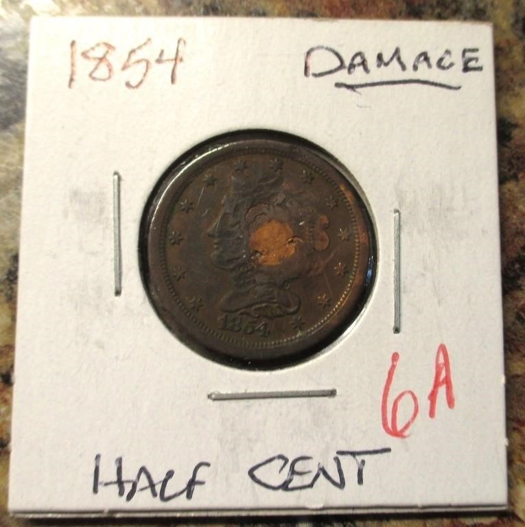 1854 Half Cent, Damaged