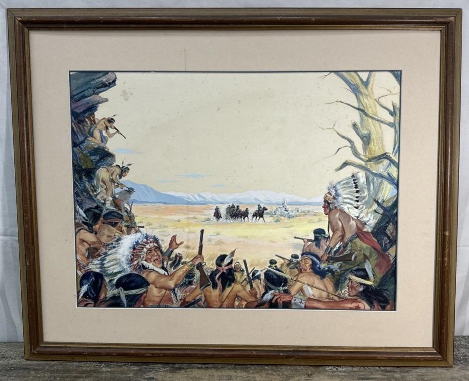 Native American framed painting - Approx. 11x31