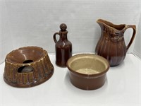 Pitcher, Oil Decanter, 2 Bowls (chips & crazing)