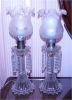 Pair of boudoir crystal lamps w/ glass prisms,