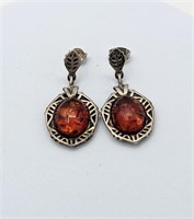 Sterling Silver Earrings With Amber Centers