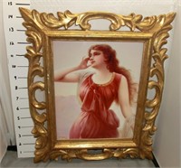 framed porcelain plaque w/a KPM mark woman