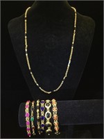 6- gemstone & glass bracelets & 1- necklace