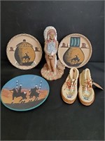 Native American Moccasins,Signed Plates & Figurine
