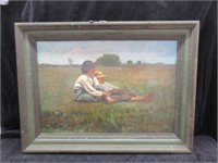 RUSTIC FRAMED BOYS IN PASTURE 21"T X 28"W