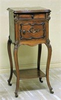 French Rococo Marble Top Walnut Side Cabinet.