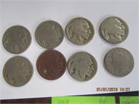 1 V Nickel(1897) & 7 Buffalo Nickels-Worn