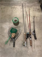Vintage fly rod, fishing poles and nets