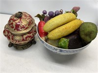 BOWL WITH FRUIT AND VEGTABLES  COVERED ORNATE DISH