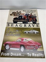 2 METAL SIGNS  SEAGRAVE  AND CORVETTE