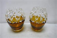 Pair Art Glass Vases w/ Amber Base 8"T