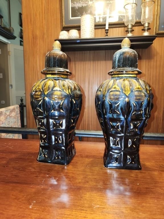 2 Vintage Ornate Ceramic Decanters / Vases w/ Lids