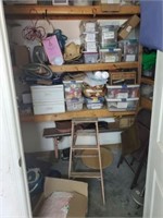 CONTENTS OF CLOSET- YARN SEWING, MISC TABLES,