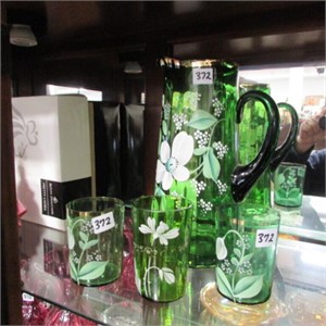 GREEN GLASS PITCHER W/ 3 CUPS