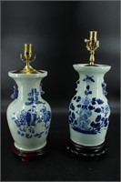 2 Chinese Blue & White Porcelain Vase Table Lamps
