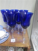 7 Royal Blue Wine Glasses w/Clear Stems