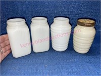 (4) Old white glass jars / shakers (1 lid)