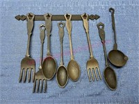 Cast iron forks & spoons w/ wall rack