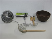 Wood Bowl w/Assorted Kitchen Items See Info