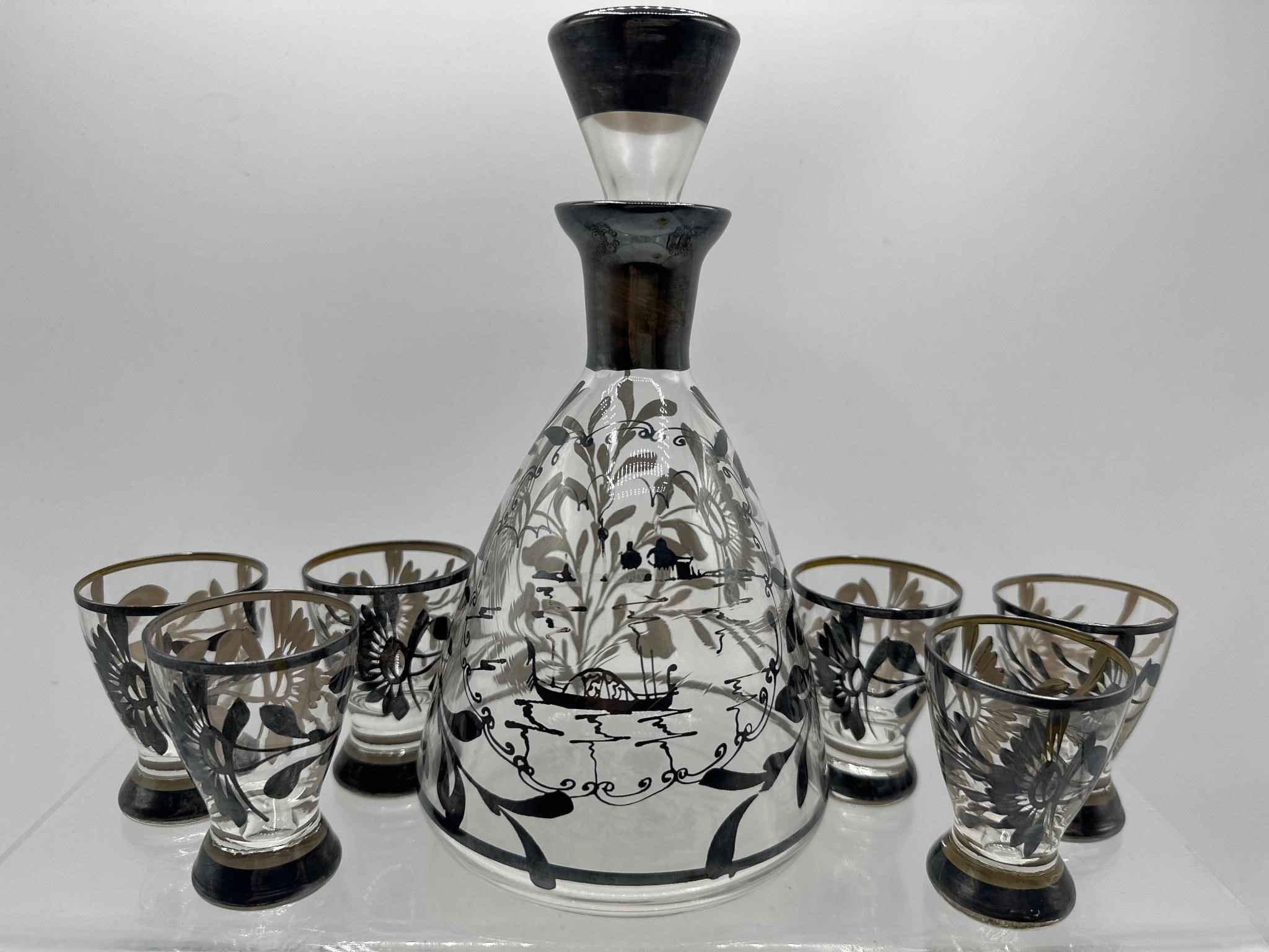 Vintage Asian glass decanter and cordials