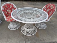 GLASS TOP WICKER TABLE, 2 CHAIRS