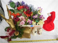 Box of Flowers, Santa Hat, Gold Deer