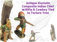 2 Elastolin Composite Indian Cowboy Figures Tree