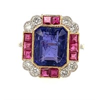 10ct y/g Tanzanite, ruby & diamond ring