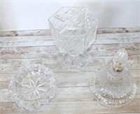 CUT CRYSTAL ASHTRAY, CANDY AND MISC LID