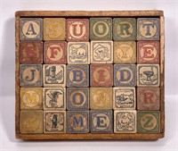 Wooden blocks, stamped letters, colored animals,
