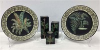 Two Decorative Plates, Three Wood Candle Holders