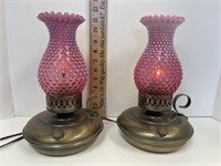 PAIR OF BRASS FENTON CRANBERRY HOBNAIL LAMPS