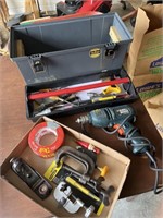 Tool box, drill, assortment of garage items