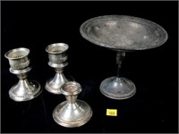 Lot, sterling weighted candleholders and compote,