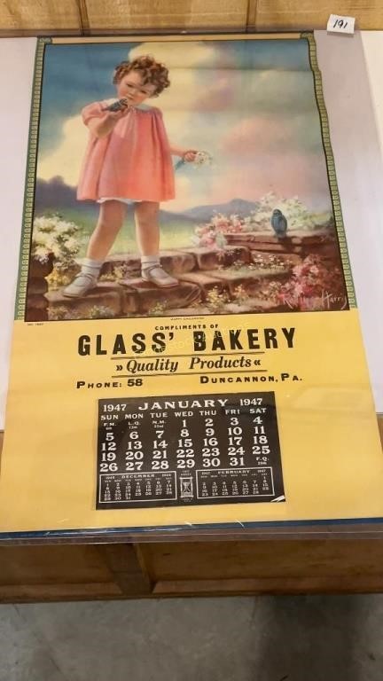 1947 Glass Bakery Calendar , Duncannon, Pa 13 x24"