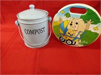 Small table, Compost bucket.