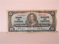 1937 BANK OF CANADA FIVE  DOLLARS BILL