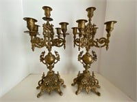Pair Antique Baroque Gilt Brass 5 Arm Candelabras