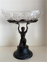 Art Deco Bronze Maiden Statue Crystal Dish