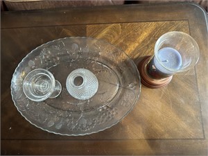 Glass Platter with Leaf pattern, candle