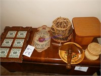 wood tray, baskets,, sign, plant stand