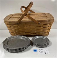 Picnic Basket with Vtg. Scalloped Pewter Plates