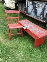 Red chair and red bench