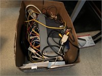 BOX OF COMPUTER CORDS AND COMPONENTS