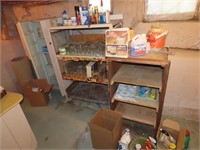Metal cabinet, shelf, canning jars, wood shelf.