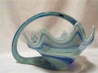 Vintage Blue Swirl Hand Blown Art Glass Dish Bowl